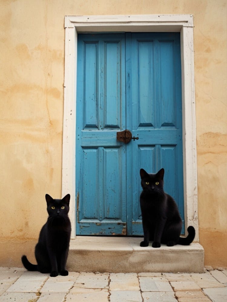 Black Cats In Front Of Blue Door