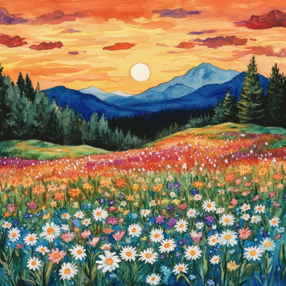 Daisy Field At Sunset