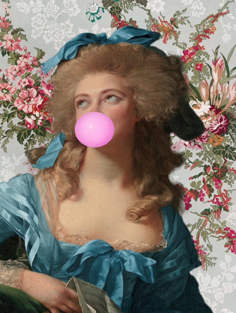Lady with Pink BubbleGum on Floral Background