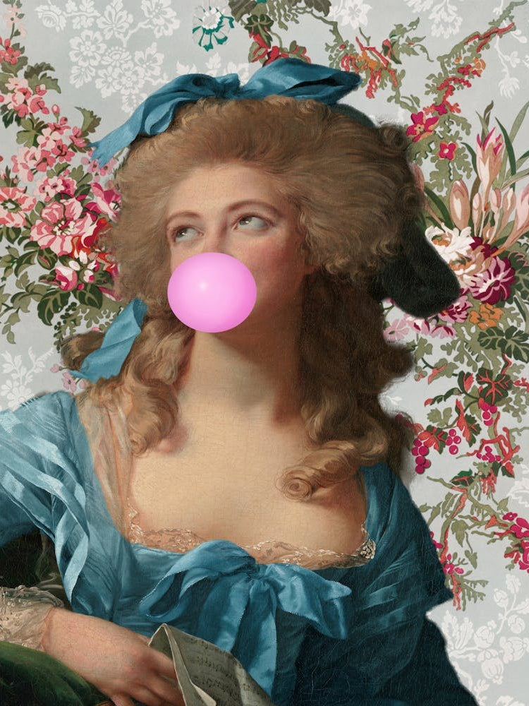 Lady with Pink BubbleGum on Floral Background