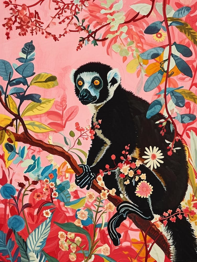 Florales Tiermalerei Lemur 3