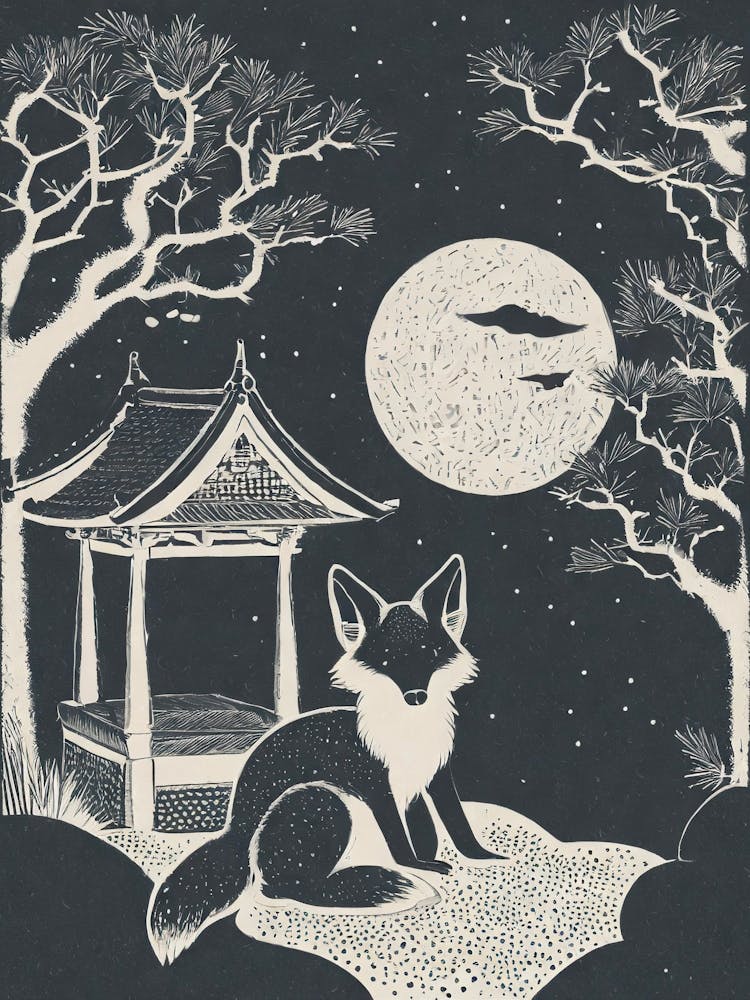 A Mystical Scene Of Fox Spirits In A Moonlit Shrine Ukiyo-E