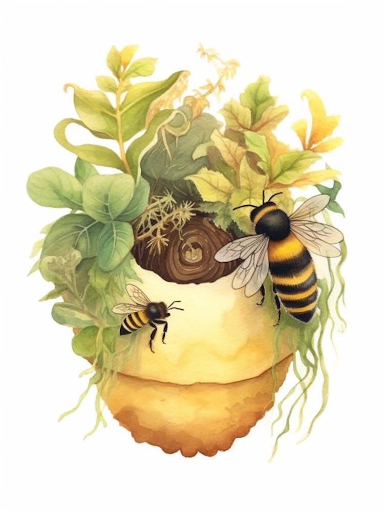 Small Earth Bumble Bee Beehive Watercolour Illustration 2