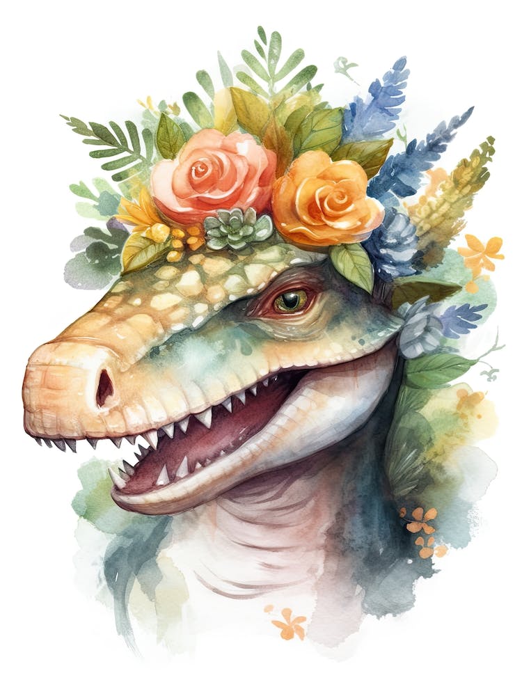 Spinosaurus With A Crown Of Flowers Cute Dinosaur Watercolour 2