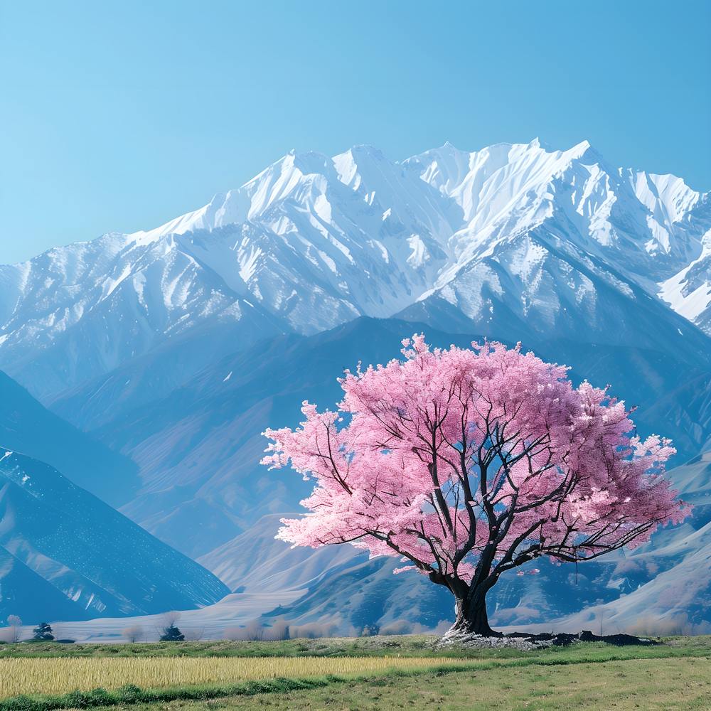 One Sakura Tree and Mountains