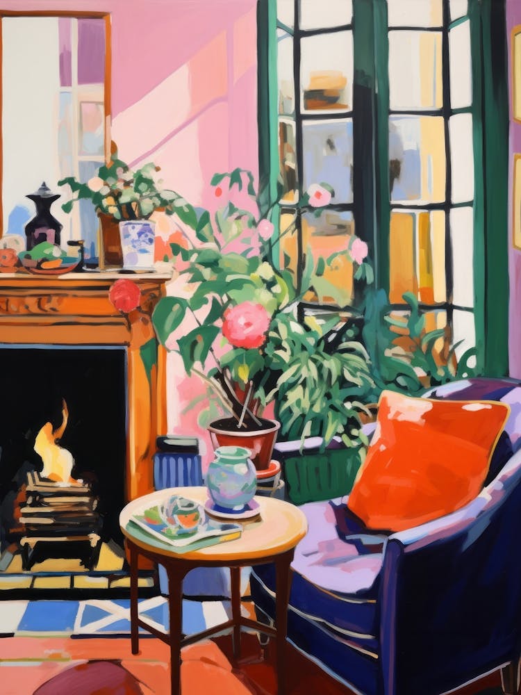 Room With A Fireplace. Gouache Interior Painting