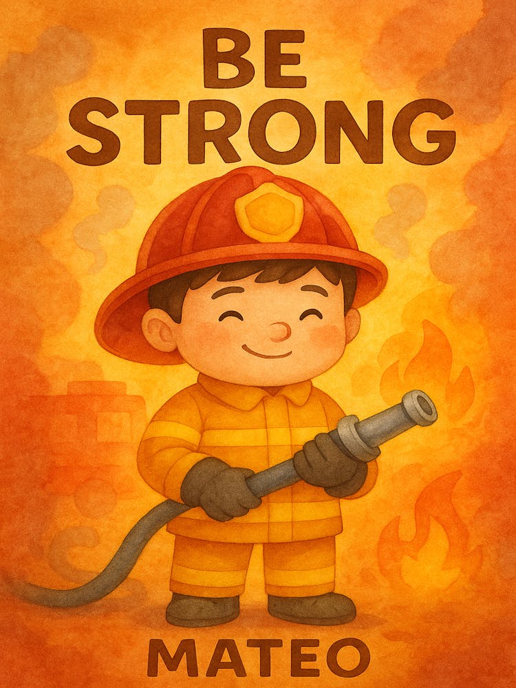 Personalized Firefighter Boy Wall Art – Be Strong, Mateo – Custom Name Printable for Kids Room – Watercolor Nursery Poster – Brave Hero Decor