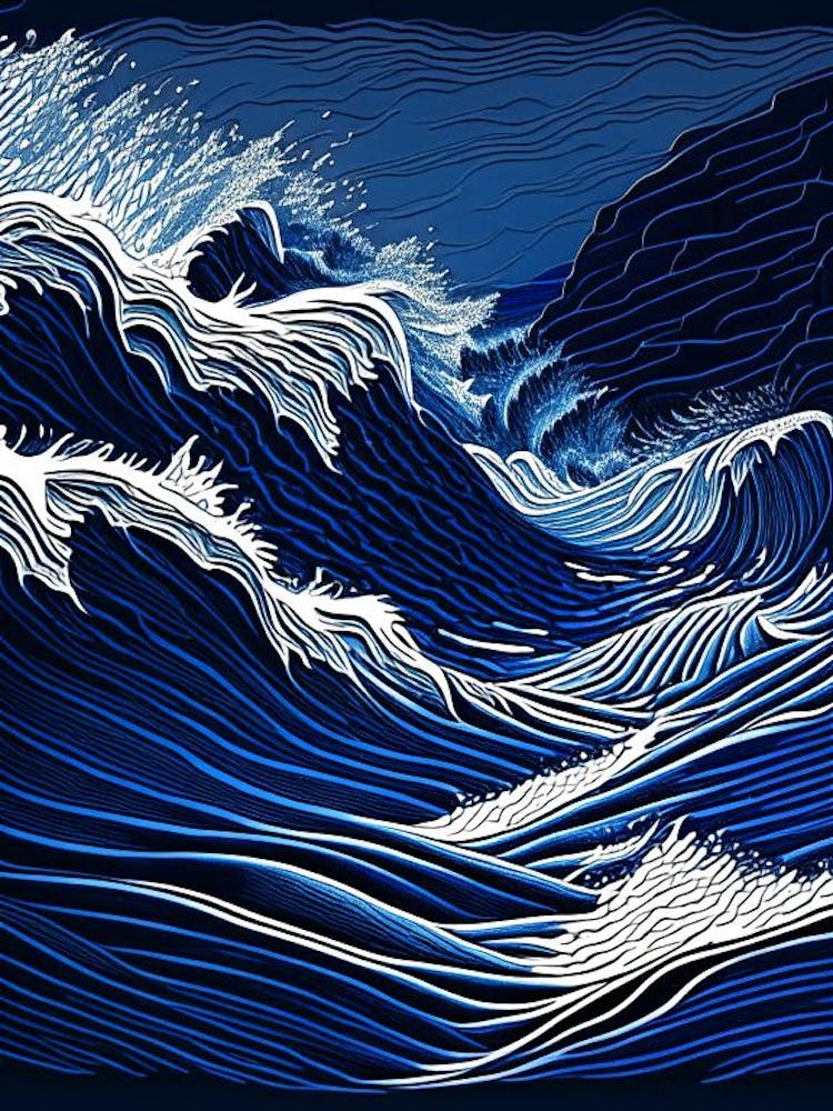 Rushing Water In Deep Blue Sea Water Waterscape Linocut 1