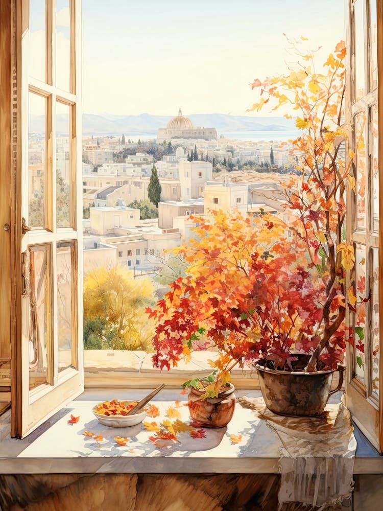Window View Of  Athens Greece In Autumn Fall, Watercolour 3