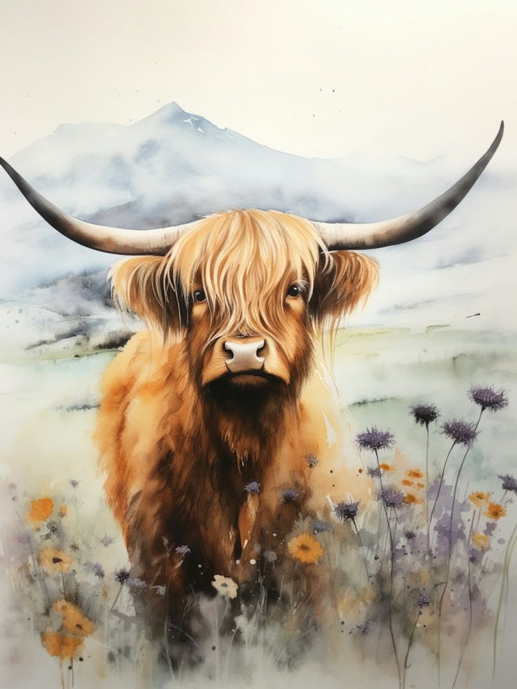 Watercolour Mountain Highland Cow 4