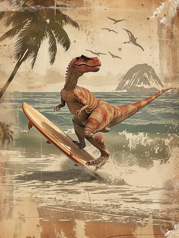 Vintage Dimorphodon Dinosaur On A Surf Board 2