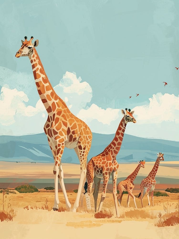 Storybook Style Illustration Of Giraffes In The Nature 1