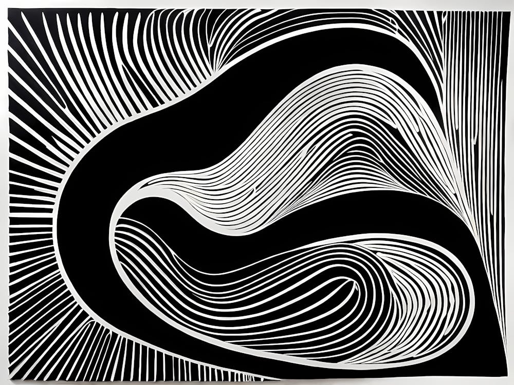 A Linocut Piece Depicting A Mysterious Abstract Shapes, black and white art, 188