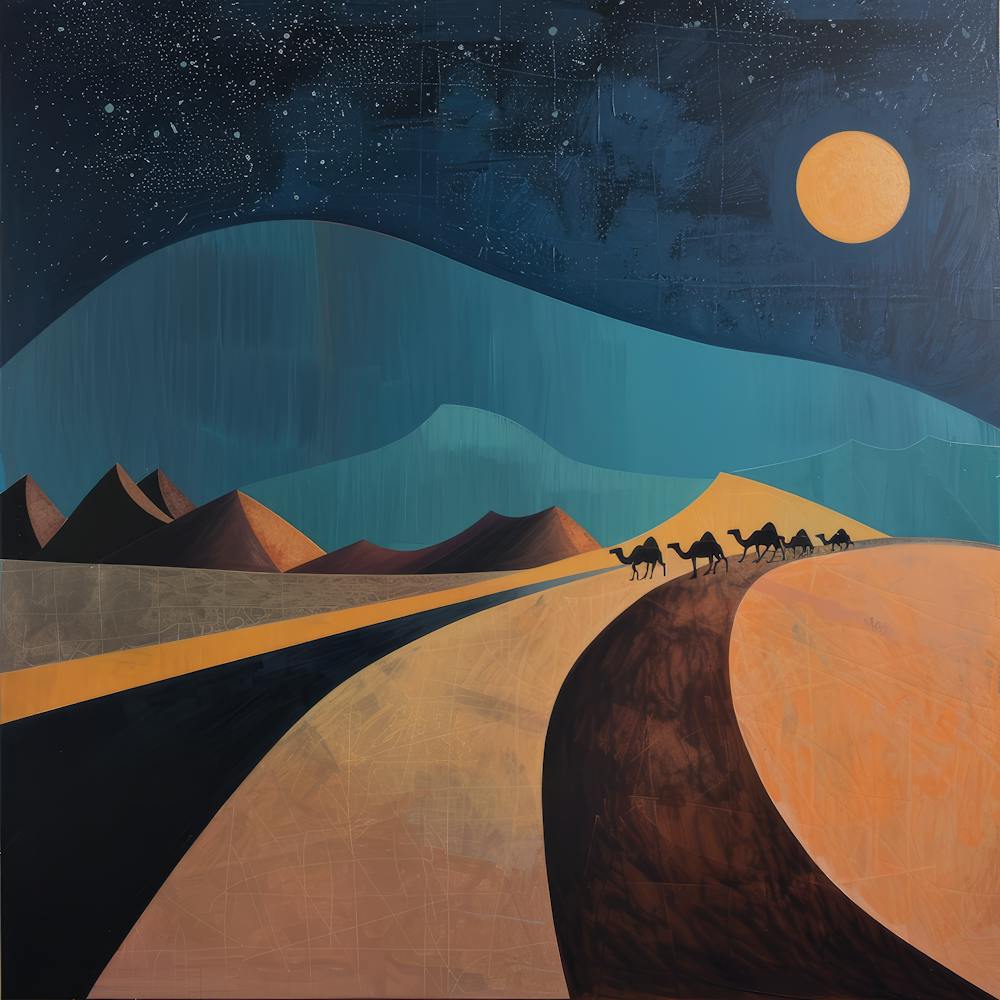 A Moonlit Desert Caravan. David Hockney Style 1