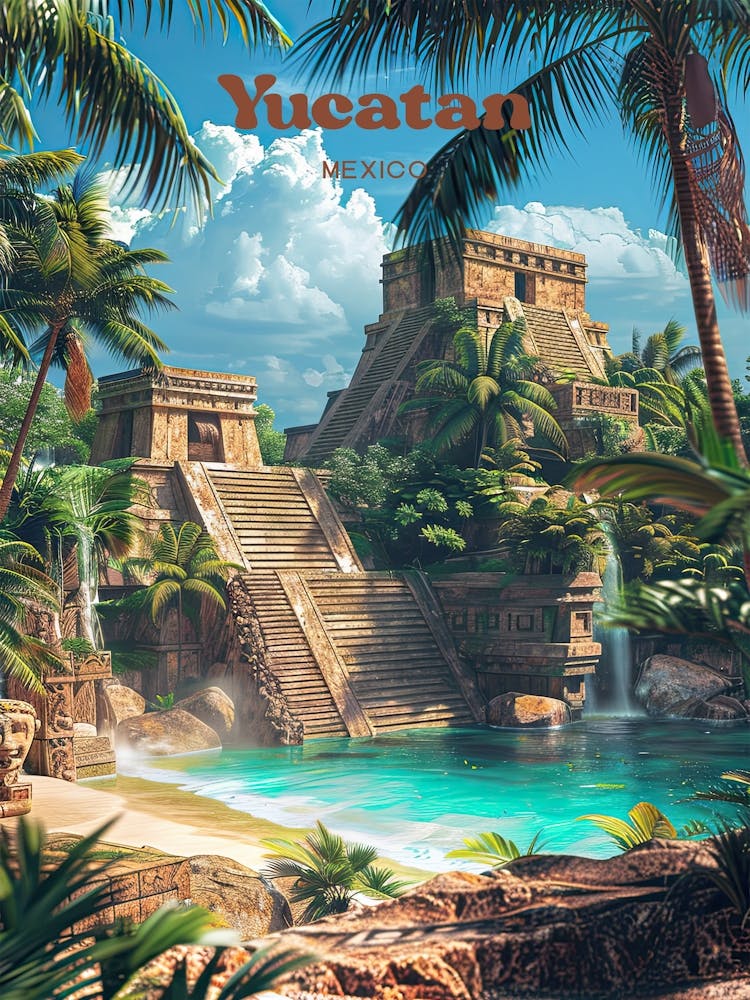 Yucatan Mexico Archeological Travel Art Illustration