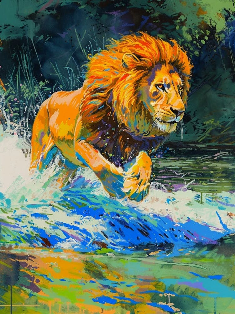 Masai Lion Crossing A River Fauvist Painting 1