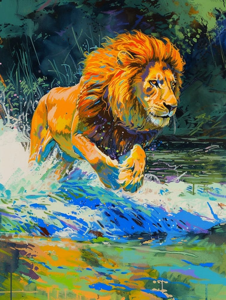 Masai Löwe Überquert Einen Fluss – Fauvistisches Gemälde 1