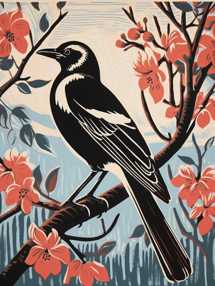 Vintage Bird Linocut Magpie 4