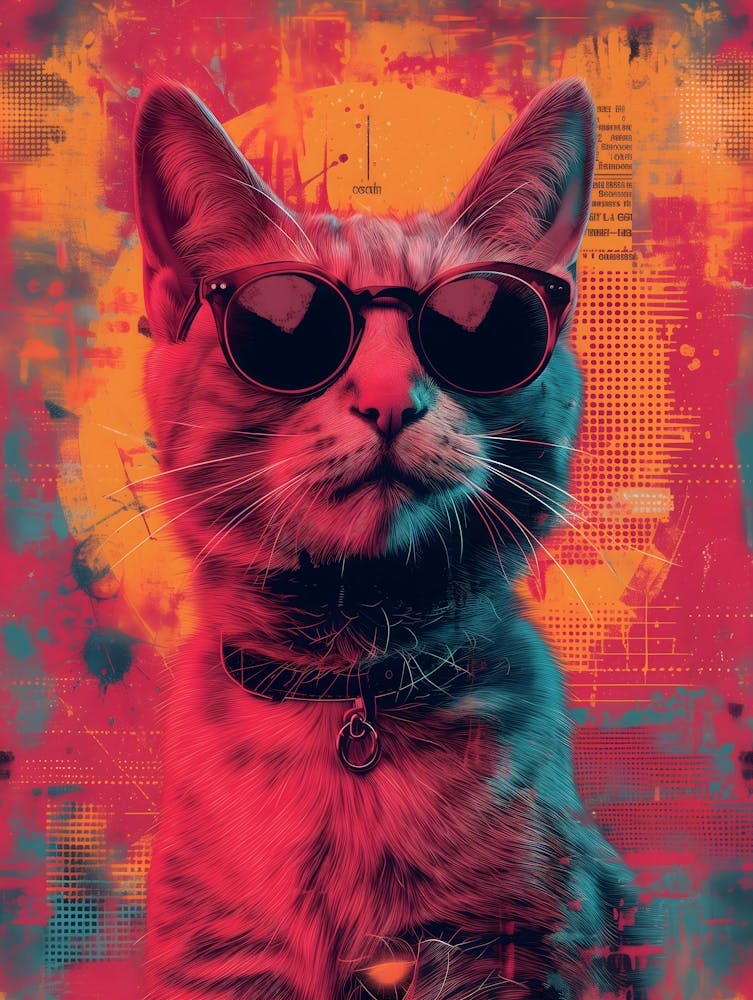 Cat In Sunglasses, Abstract Collage In Monoprint Splashed Colors