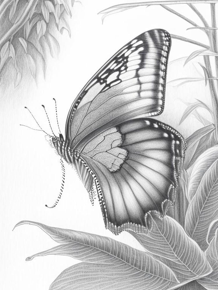 Papillon dans les jardins botaniques Esquisse en niveaux de gris 1