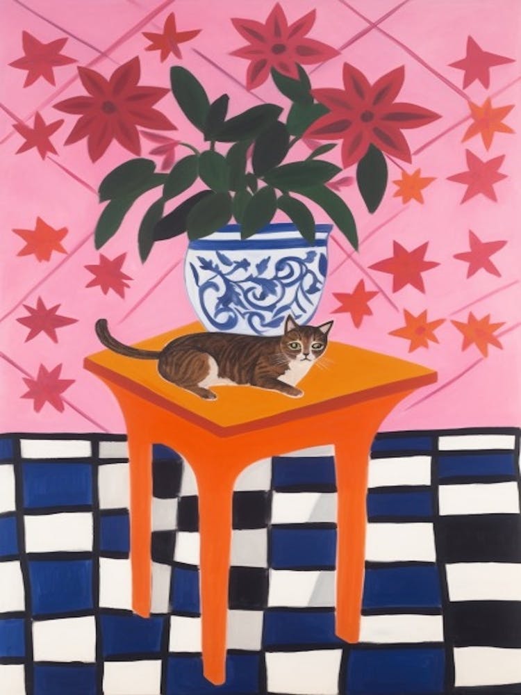 A Painting Of A Still Life Of A Dahlia With A Cat In The Style Of Matisse 1
