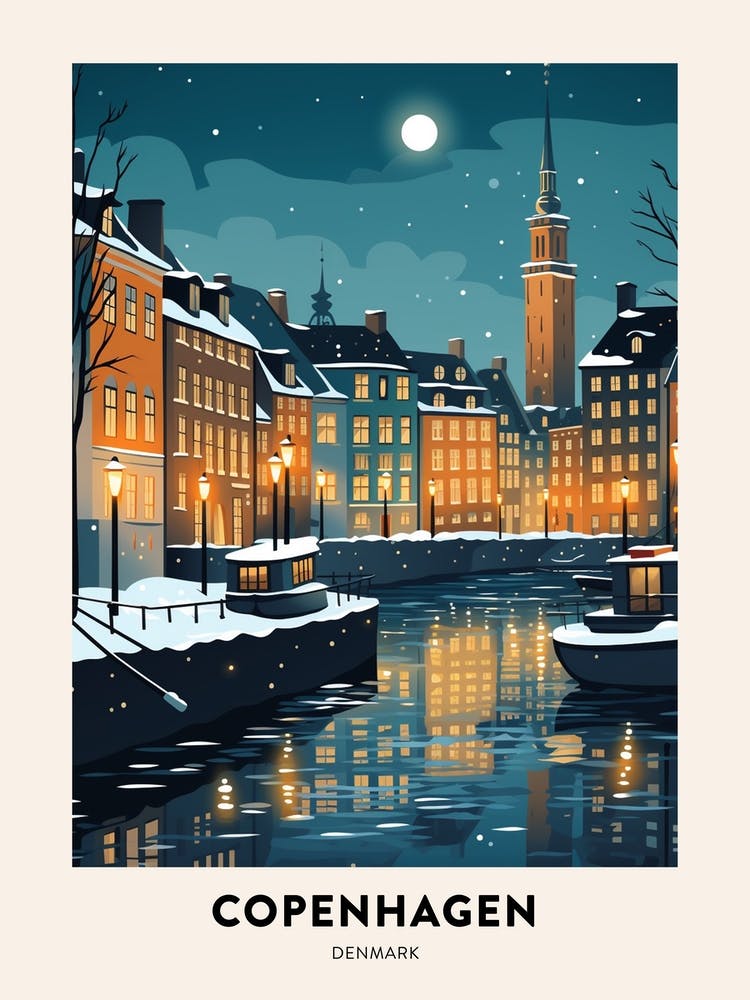 Winter Night  Travel Poster Copenhagen Denmark 1