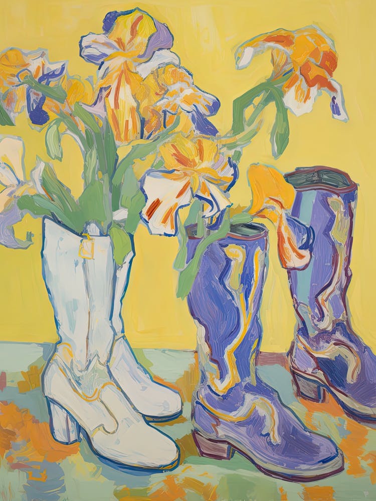 Painting Of Yellow Flowers And Cowboy Boots, Oil Style 10