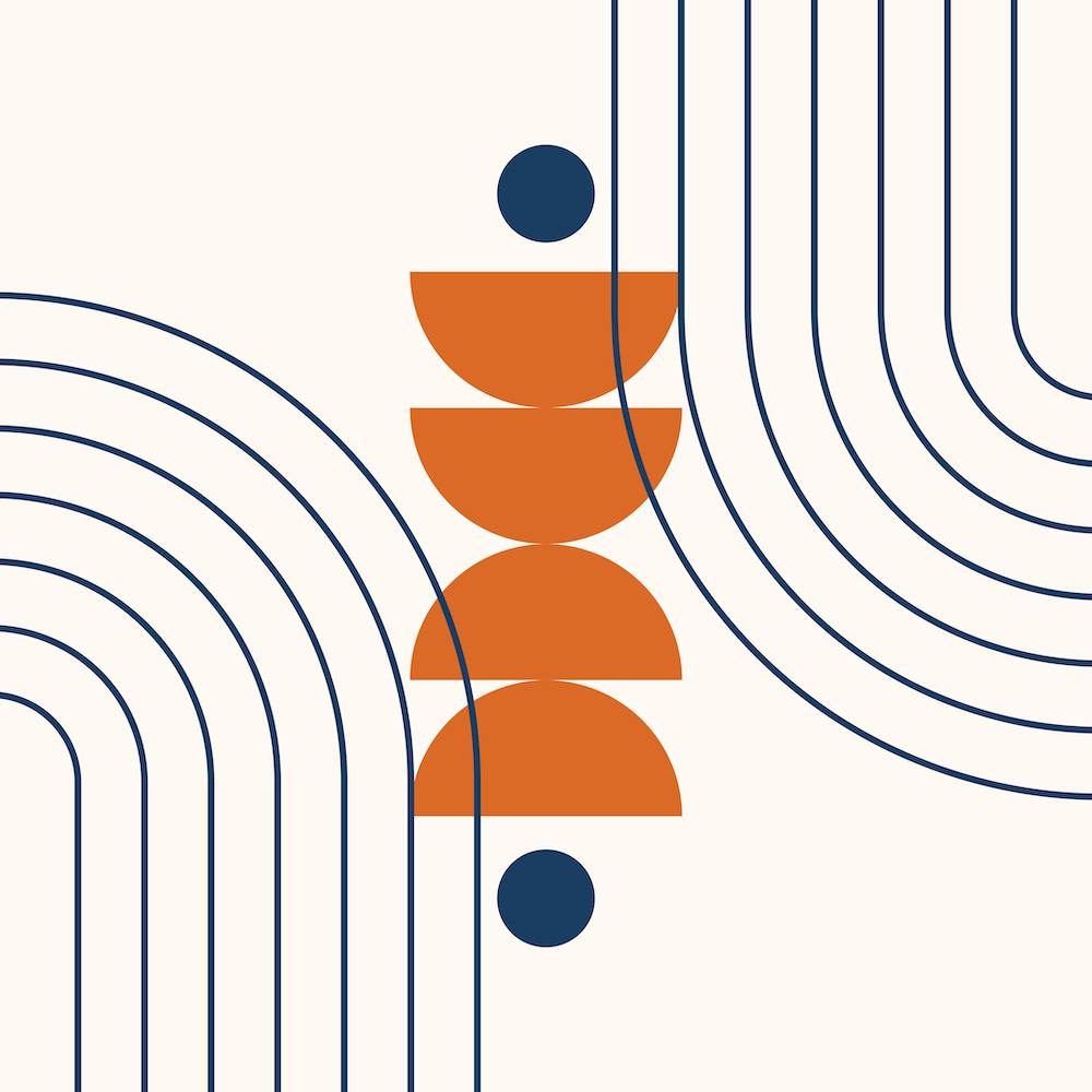 Mid-Century Modern Geometrisches Abstrakt, Regenbogen, Sonnen- und Mondphasen, Skandinavisch in Marineblau Orange 1