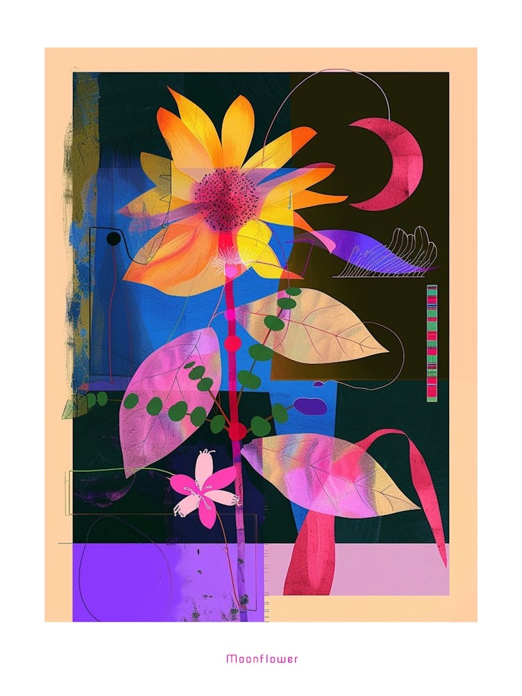 Moonflower 2 Neon Flower Collage Poster