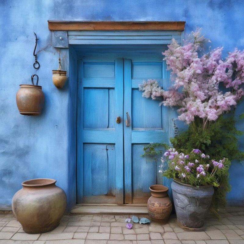 Blue wall. An old-style door in the middle, silver in color. There is a large pottery jar next to the door. There are flowers in the jar Spring oil colors. Wall painting.16