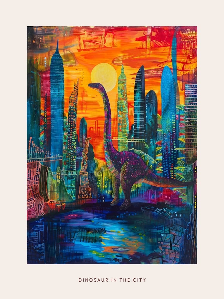 Colourful Dinosaur Cityscape Painting 8 Poster
