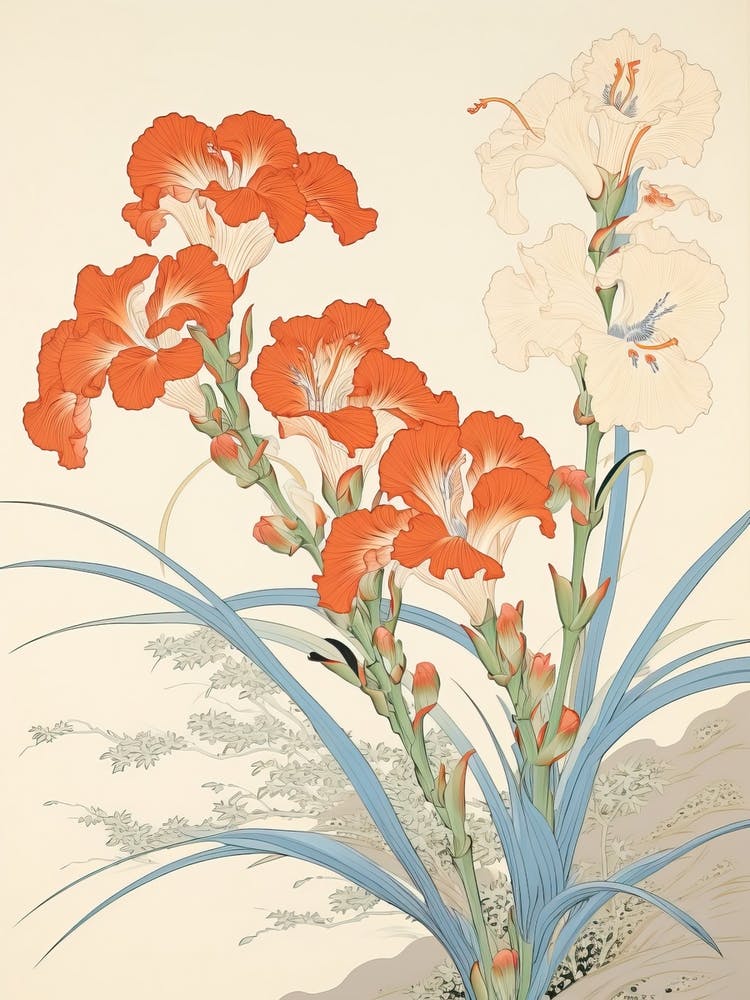 Great Wave With Gladiolus Flower Drawing In The Style Of Ukiyo E 3