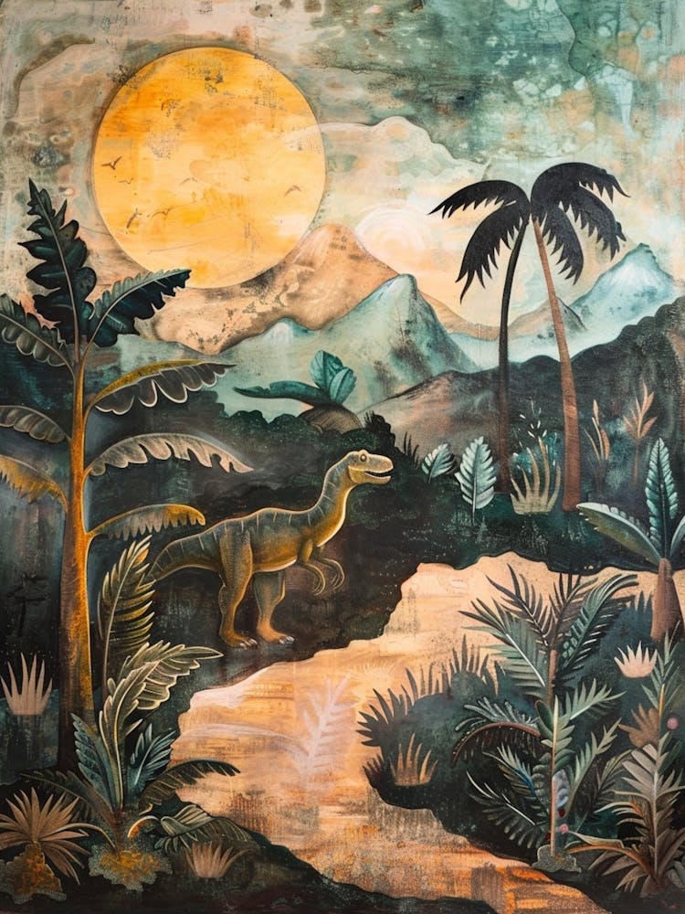 Dinosaur Under The Moon Painting