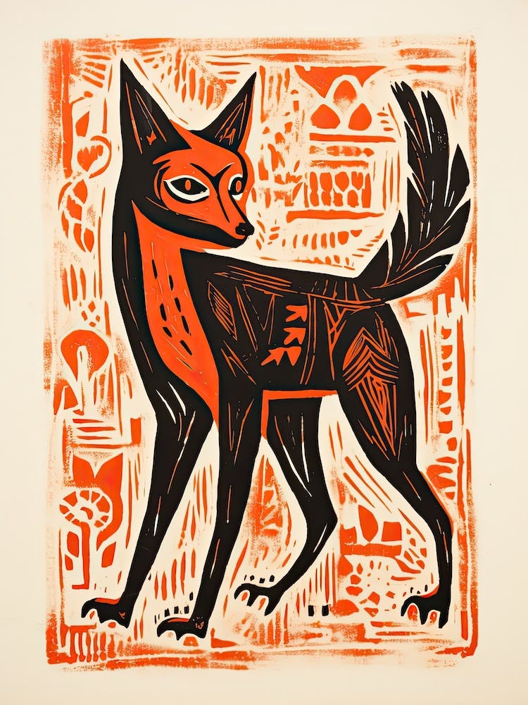 Fox, Woodblock Animal  Drawing 1