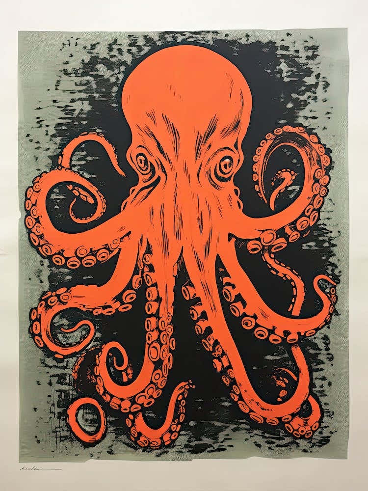 Octopus, Woodblock Animal  Drawing 1