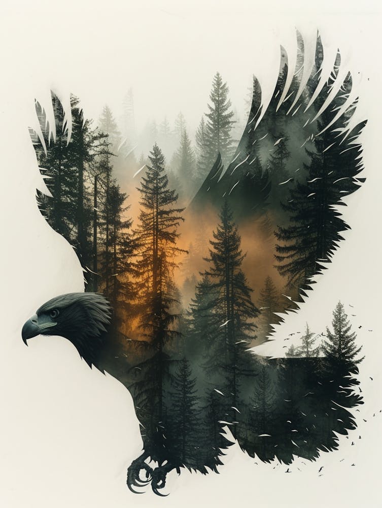 Paper Cutout Double Exposure, Forest Inside The Silhouetteof A Eagle, Double Exposure Created With Paper Cutout, Papecutout Chaos 15