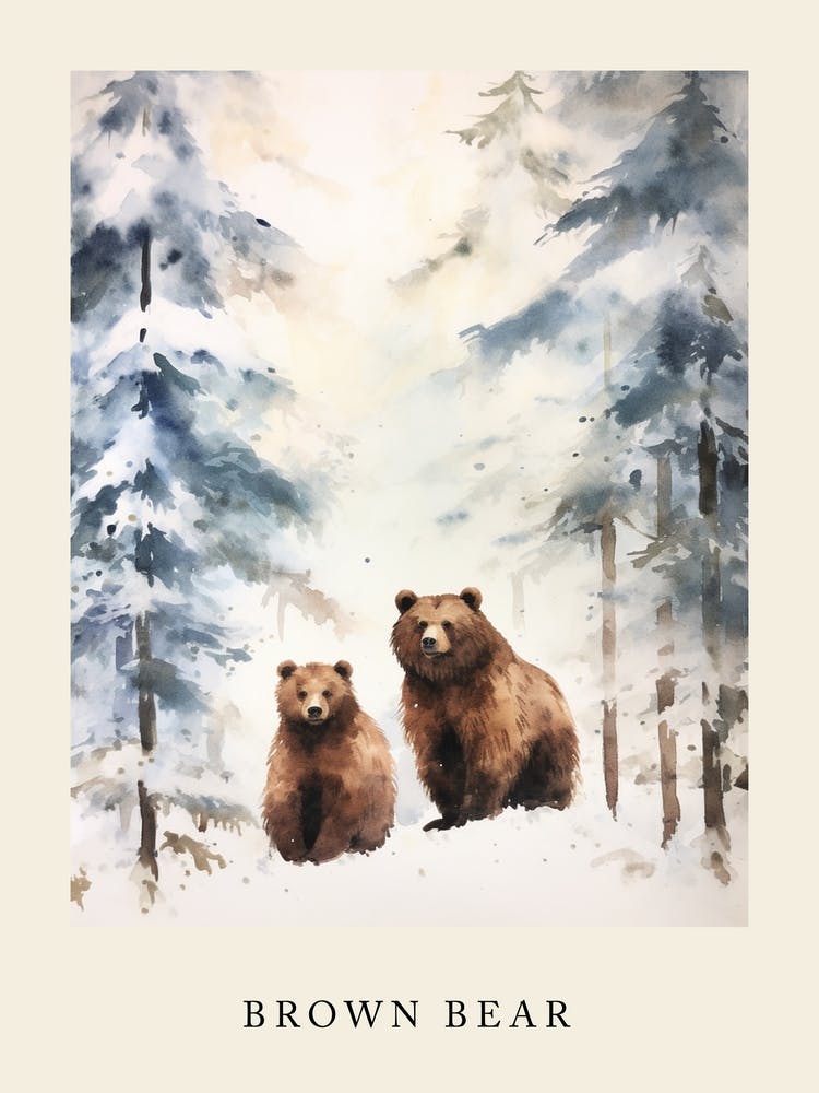 Winter Watercolour Brown Bear 5 Poster