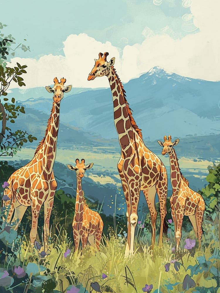 Herd Of Giraffes In The Wild Watercolour Style Illustration 4