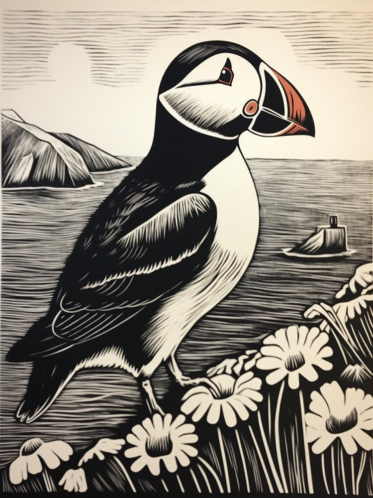 B&W Bird Linocut Puffin 2