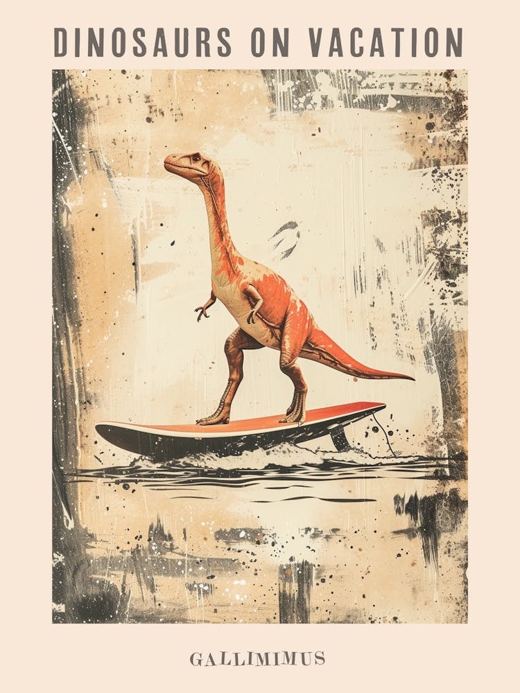 Vintage Gallimimus Dinosaur On A Surf Board Poster
