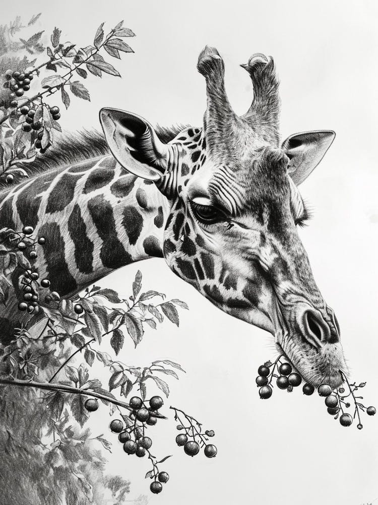 Giraffe Eating Berries Pencil Drawing 4