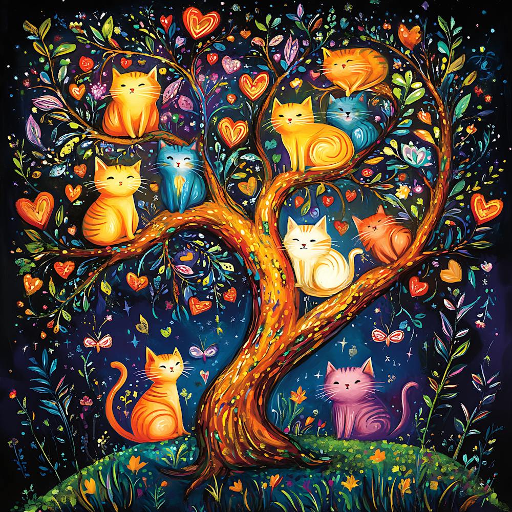 Folk Art Heart Tree Cat Climbing Artwork 7