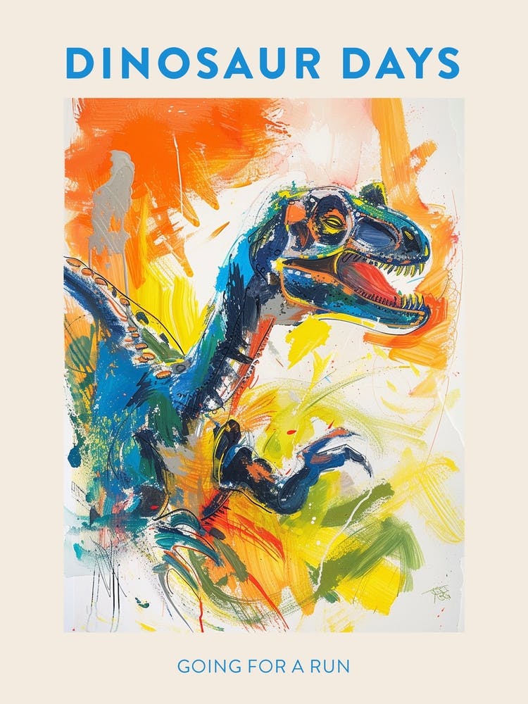 Going For A Run Orange Blue Dinosaur Poster