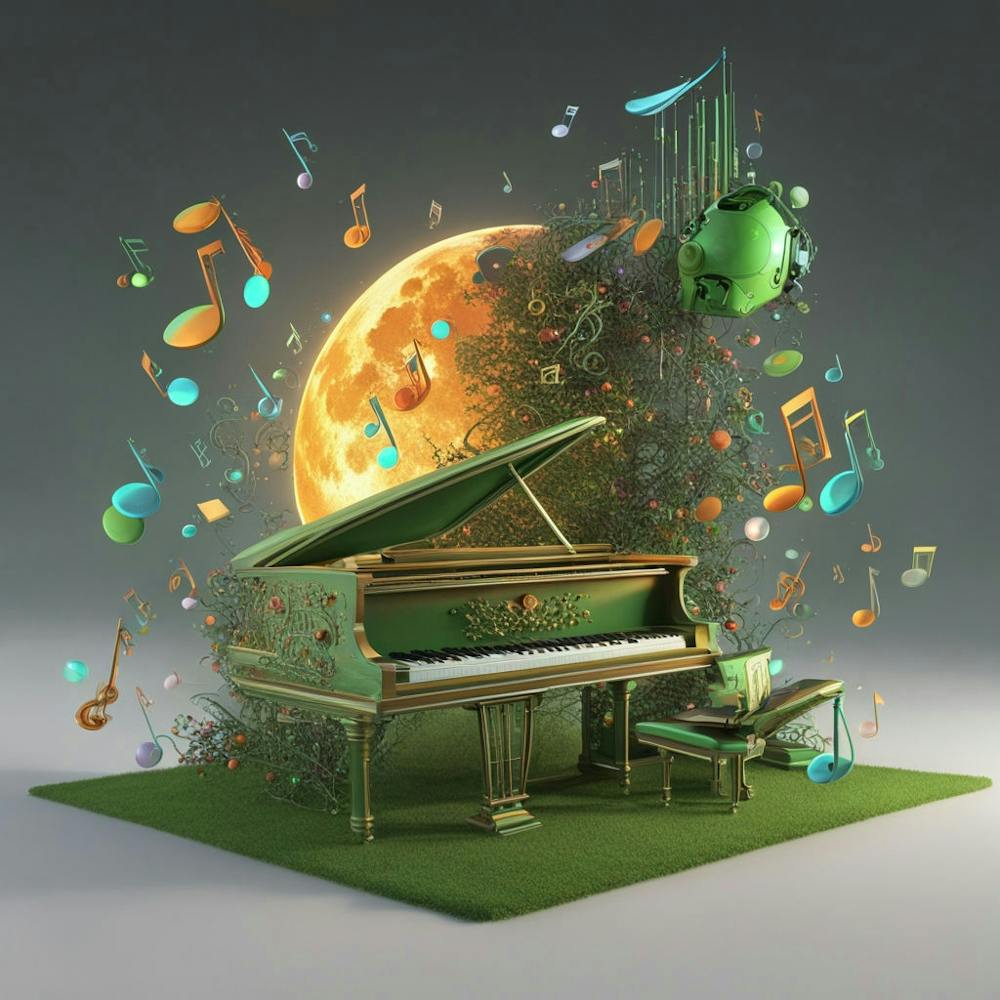 Piano With Music Notes and Planet in Background