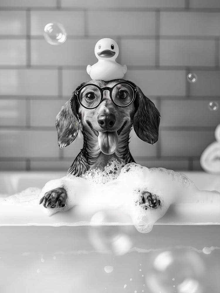 Dachshund Bath Wall Art, Dog And Rubber Duck Bath Tub, Pet Art, Black And White Print, Dog Owner Gift, Funny Dog Poster, Bathroom Wall Decor