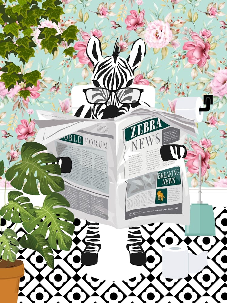 Zebra On Toilet In Floral Bathroom