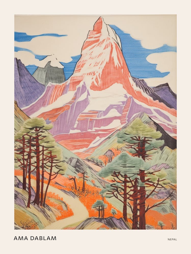 Ama Dablam Nepal 2 Colourful Mountain Illustration Poster