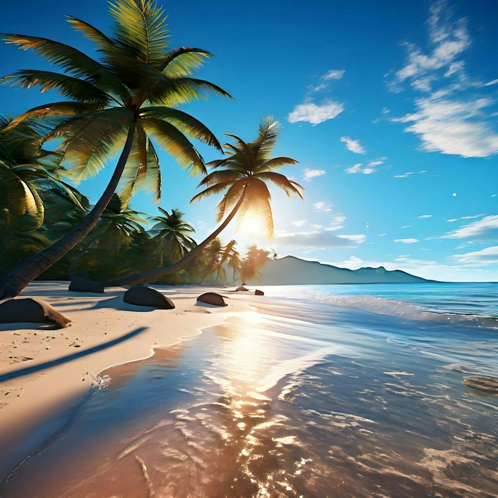 A Serene Beach Scene With Palm Trees Swaying In The Breeze