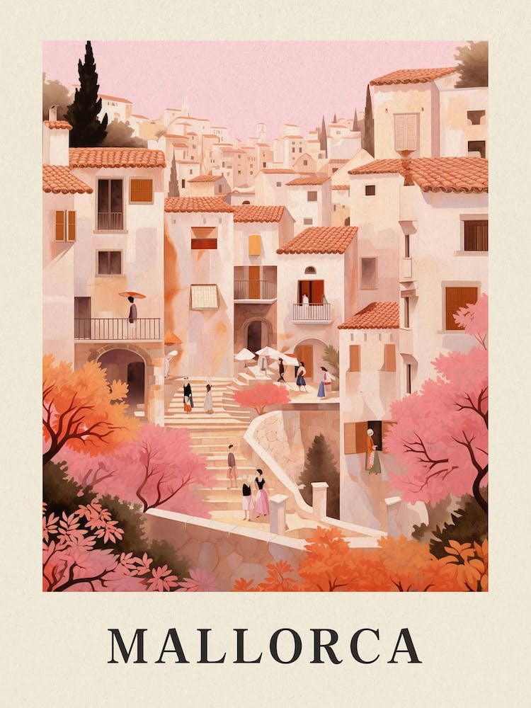 Mallorca Spain 4 Vintage Pink Travel Illustration Poster