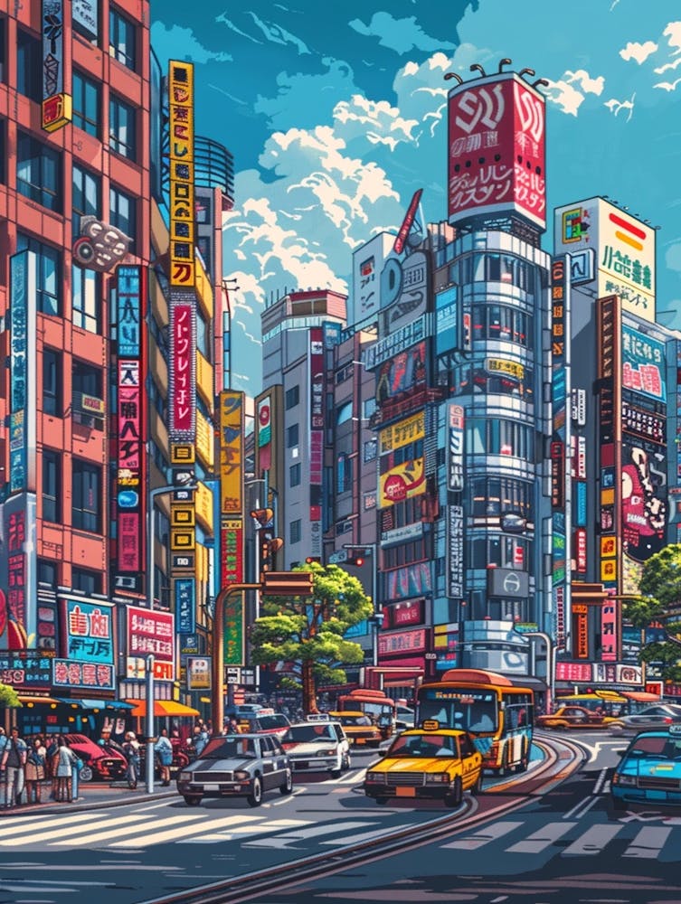 Create Retro 8 Bit Isometric Pixel Art Of Tokyo Akihabara,With A Bright Colour Palette With Zoomed In Viewpoint In The Style Of Kai Vermehr, Steffen Sauerteig And Svend Smital
